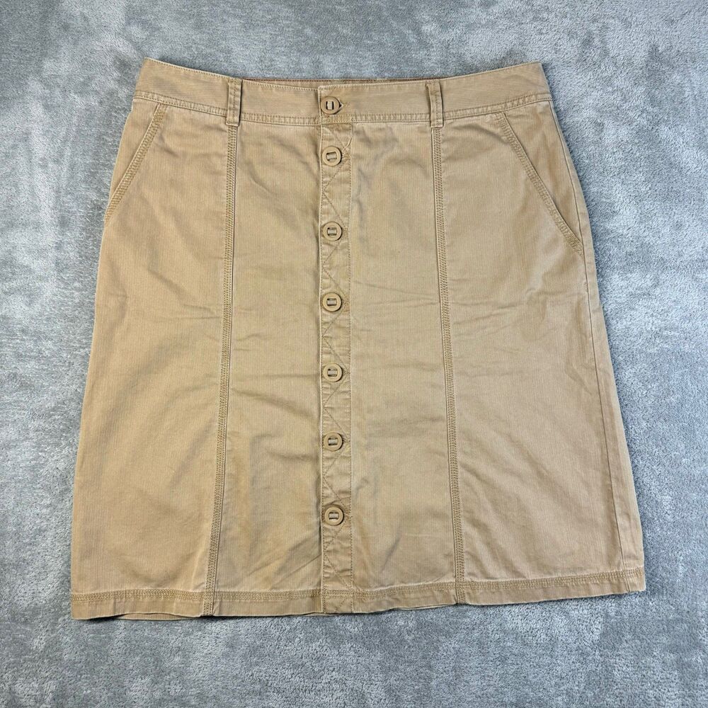 Eddie Bauer Skirt Women’s 12 Khaki Tan Midi Button Front Y2K Safari Pockets Cute